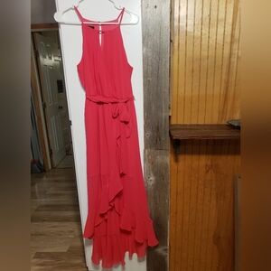 Maxi Dress Show Stopping Pink Med Cascading High Low Ruffle Hem